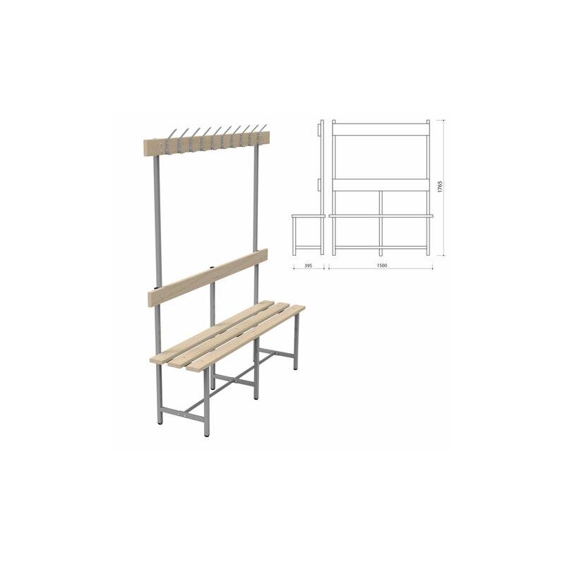 Скамья с вешалкой, спинкой "СВТ 5", 1765х1500х395 мм, 10 крючков, регулируемые опоры, каркас металлический серый, сиденье дерево главное фото